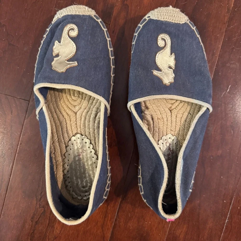 Lilly Pulitzer Lia Espadrille Flats Navy Blue Gold Seahorse Canvas Slip-On 8